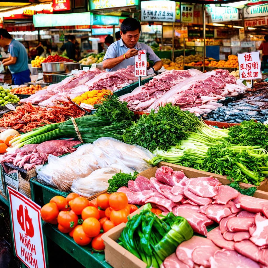 Khu vực bán thực phẩm tươi sống đa dạng tại Chợ Phú Lợi với rau củ, thịt, cá.